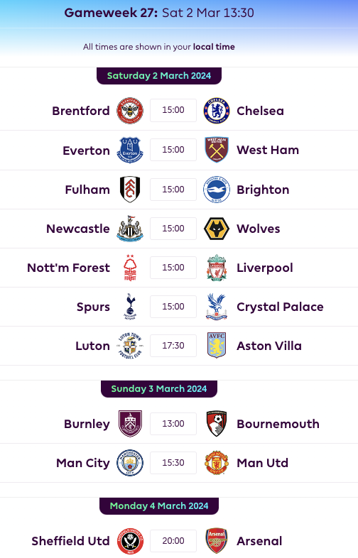 FPL GW27 Fixtures
